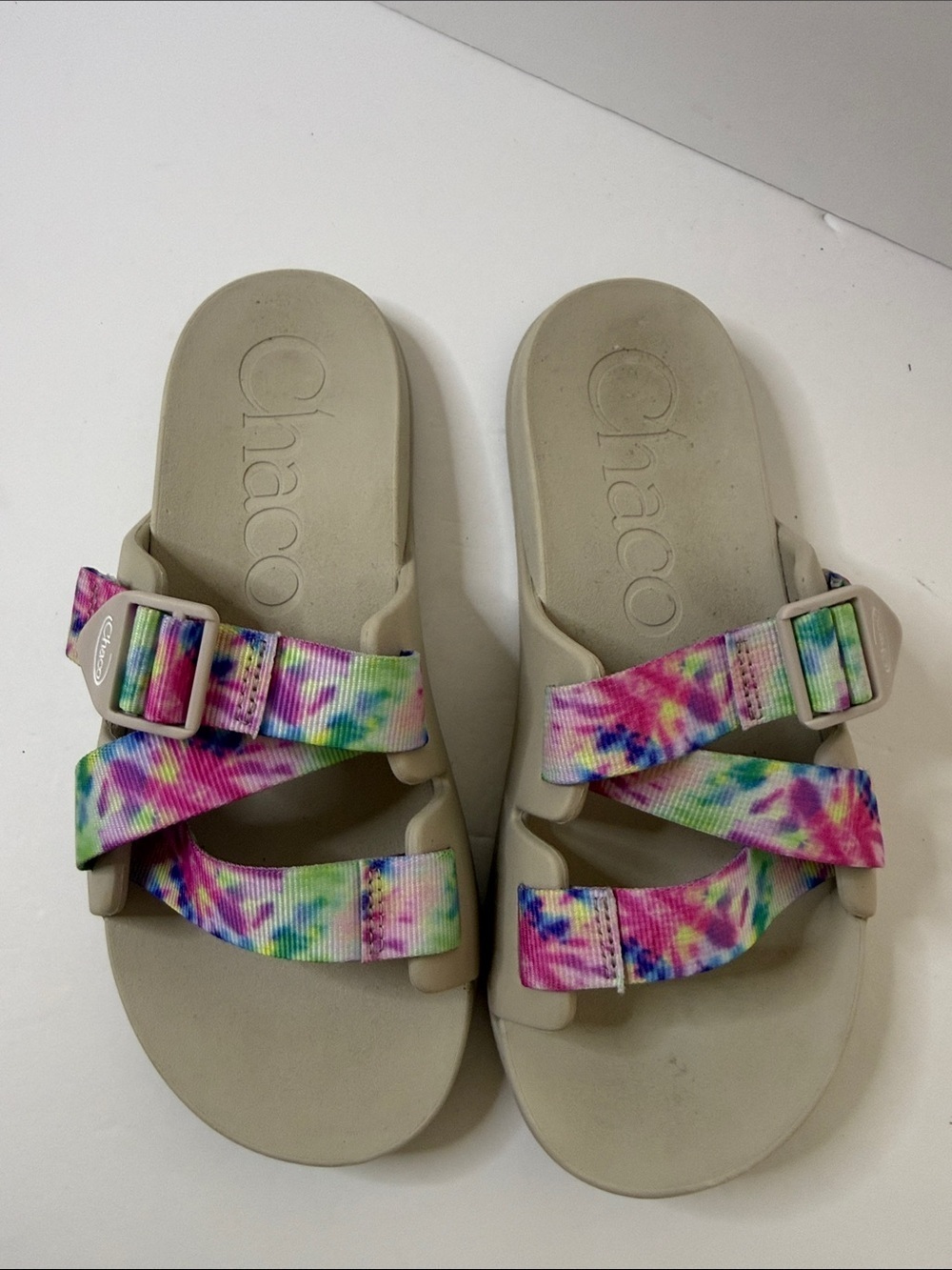 Chaco Neutral Footbed Slide Sandals with Pink, Green & Blue Tie-Dye Straps